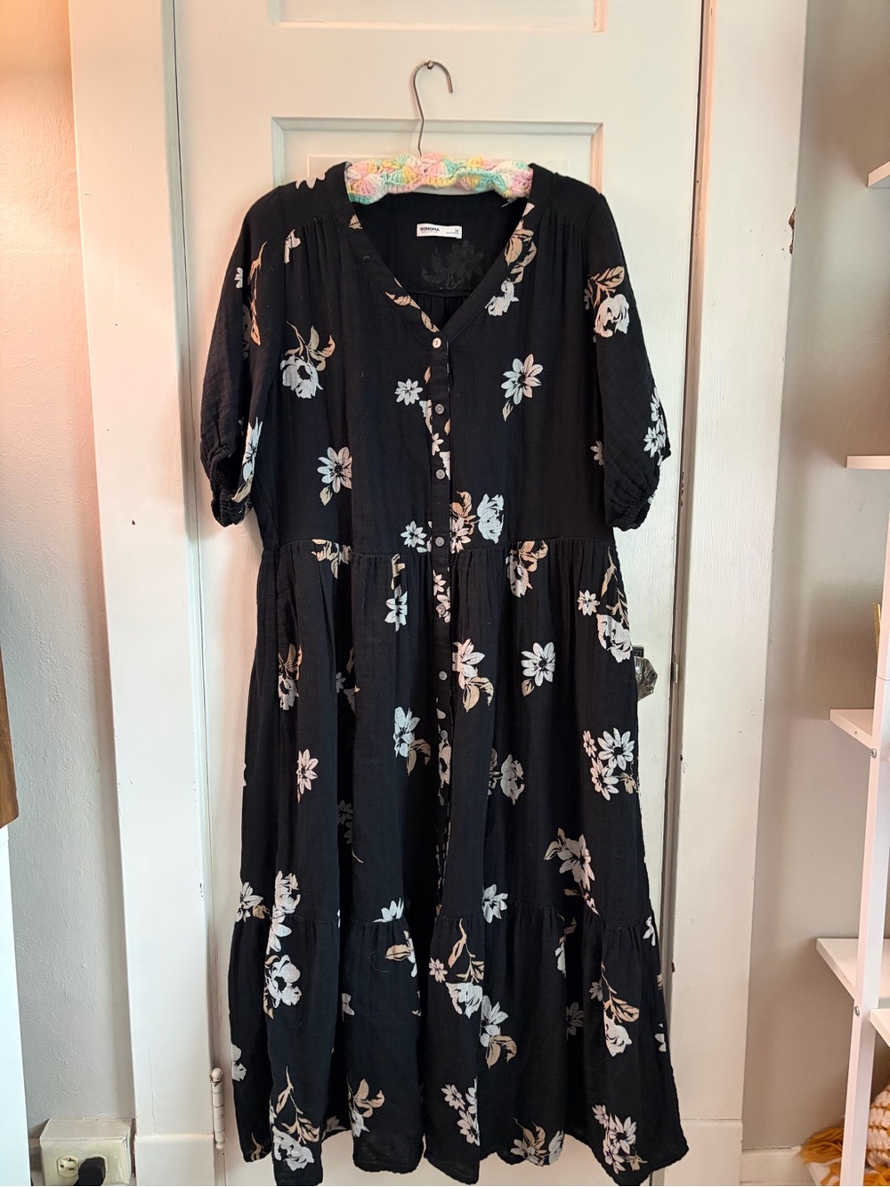 Sonoma Black Floral Midi Dress with Button Front